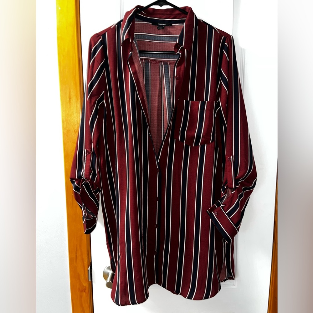 Forever 21 Oversized Burgundy and Navy Blue Striped Blouse